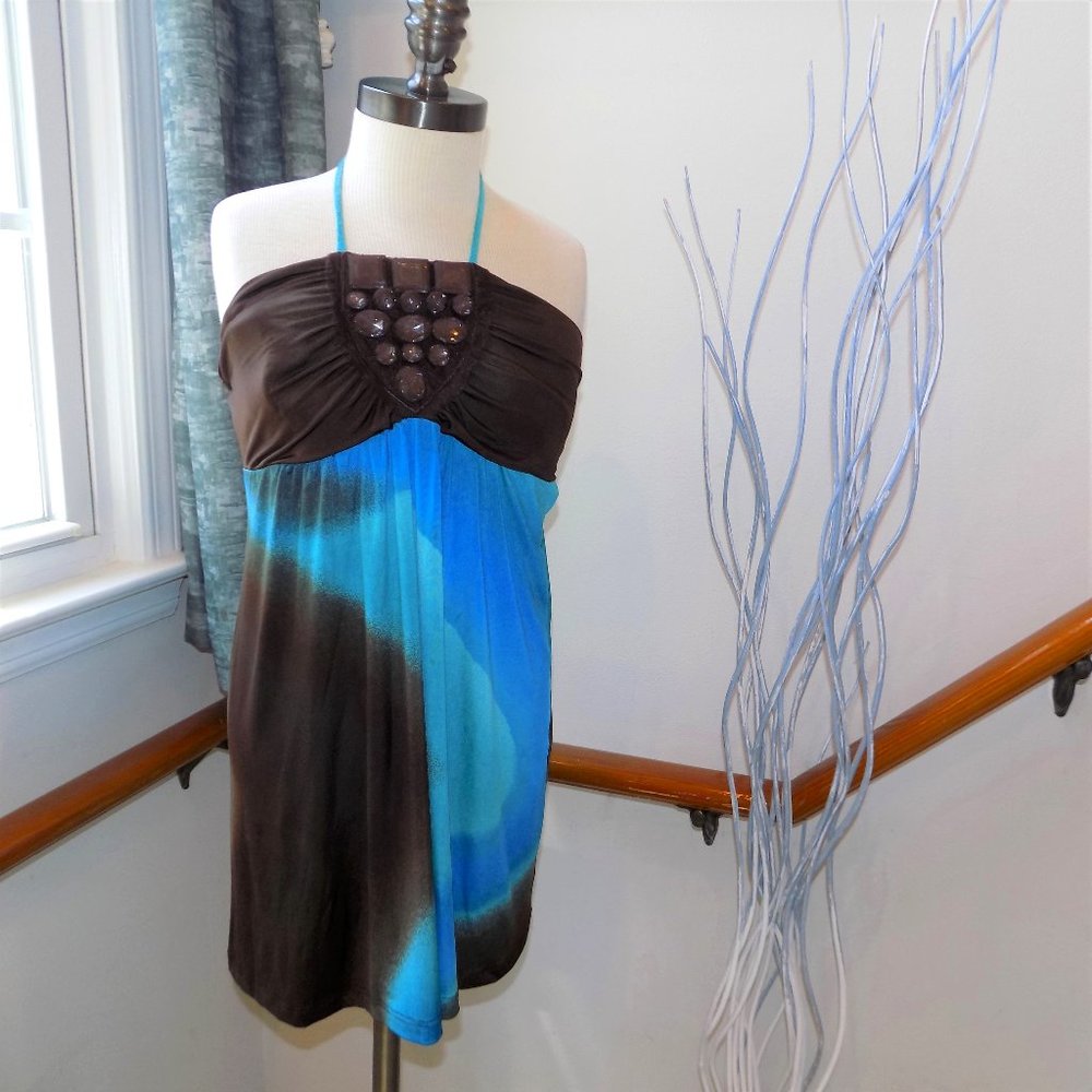 Brown & Turquoise Blue Halter Top Shirt Size Small
